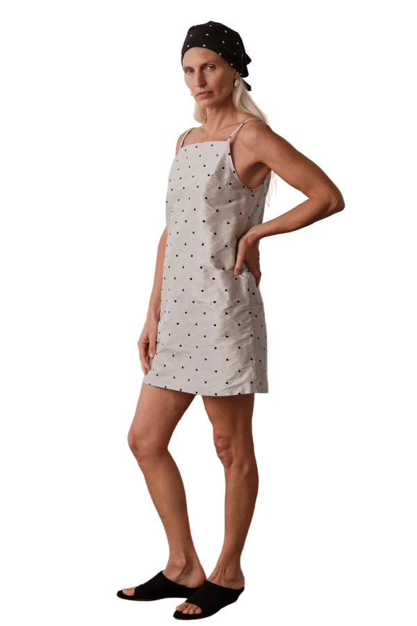 Donni. Taffeta Mini Dress - Silver/Black Polka Dots