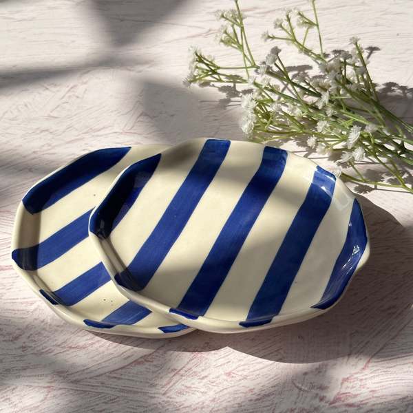 Casa Amarosa S/2 Ceramic Plate - Blue Stripe