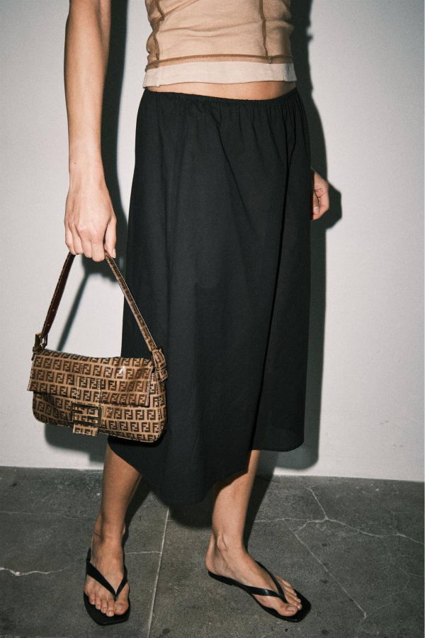 Loucia Black Cotton Voile Sheer A-Line Midi Skirt