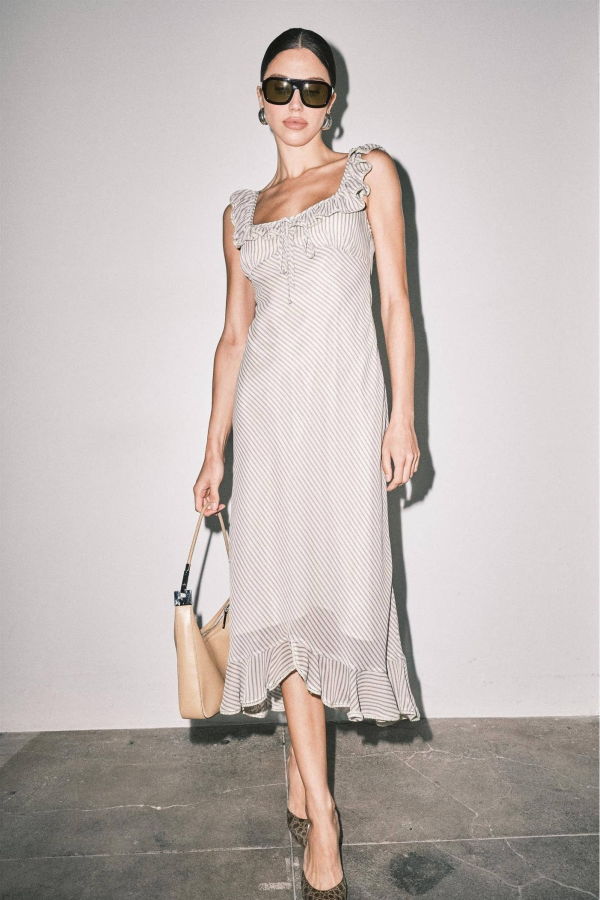 Loucia Cream Stripe Chiffon Bias-Cut Midi Dress