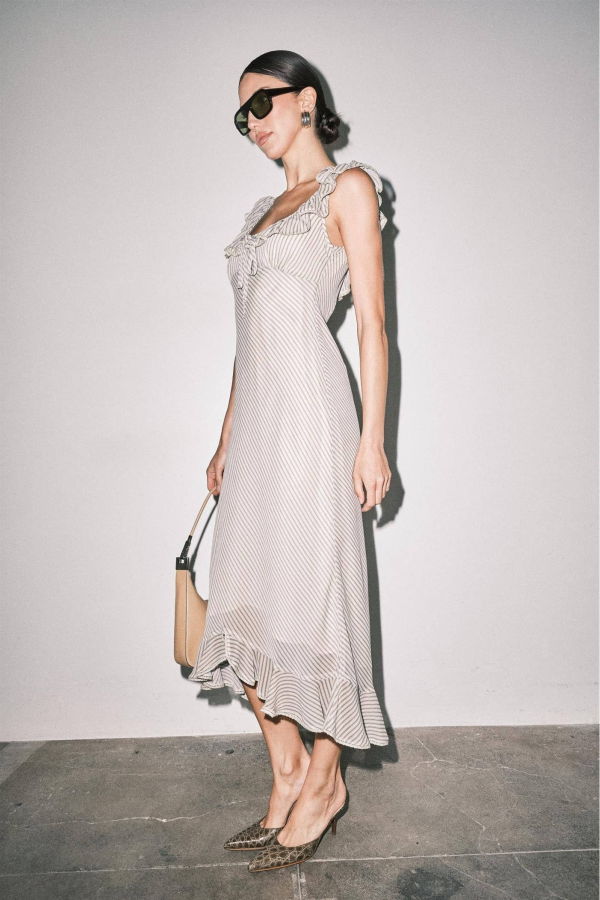 Loucia Cream Stripe Chiffon Bias-Cut Midi Dress
