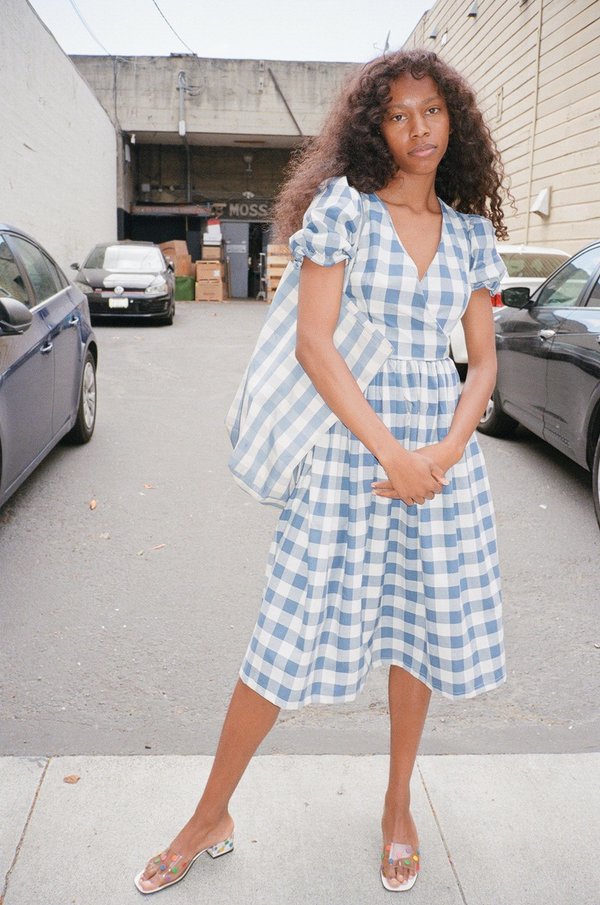 Lisa Says Gah Topanga Midi Dress - Denim/Ivory Gingham | Garmentory