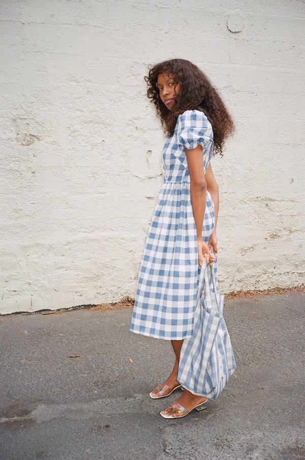 Lisa Says Gah Topanga Midi Dress - Denim/Ivory Gingham | Garmentory Lisa Says Gah Topanga Midi Dress - Denim/Ivory Gingham | Garmentory