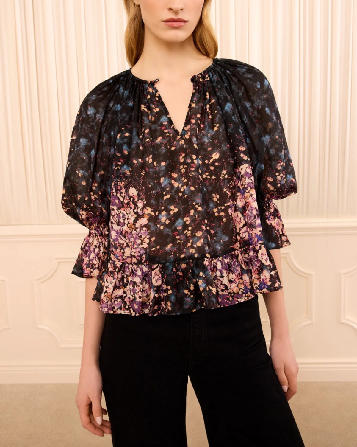 Ulla Johnson Elise Short Sleeve Silk Blouse - Eclipse - Image 3 of 5