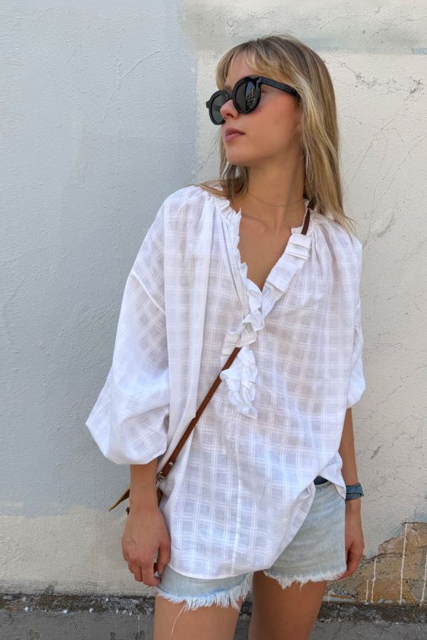 Two Khadi Check Ruffle Blouse