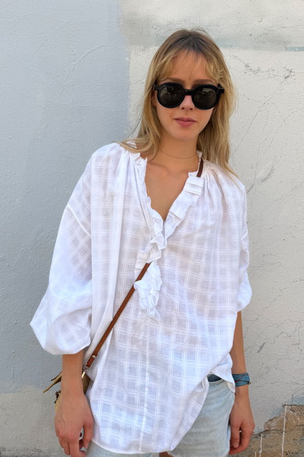 Two Khadi Check Ruffle Blouse