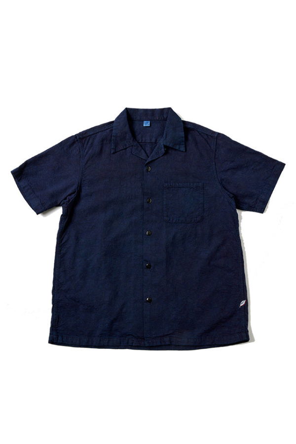 Pure Blue Japan Organic Cotton Jacquard Open Collar Flower Shirt - Indigo