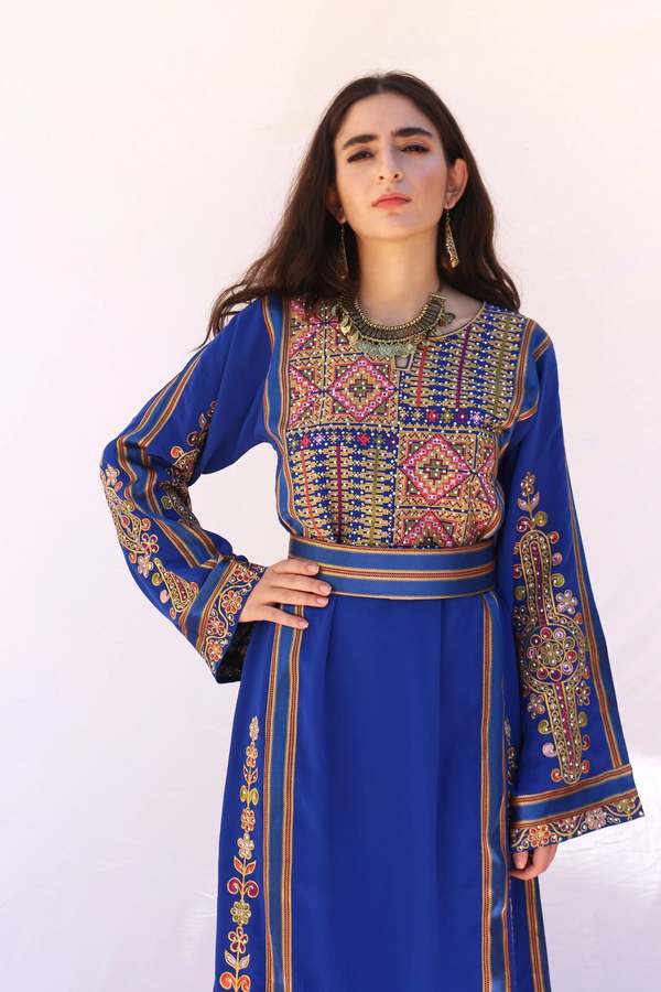dishdasha dress Front Open 5XL [+$ 6.99] / 54 [+$ 4.99] A fresh twist on a traditional Ramallah thobe with some colorful Saya silk White crepe fabric Traditional Palestinian embroidery The Majdalawi Traditional Palestinian Thobe