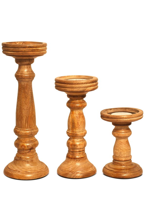 Mela Artisans Chennai Mango Wood Candle Holders Medium Polish, Set of 3