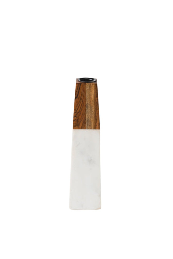 Mela Artisans Tapered Marble & Acacia Candleholder - White