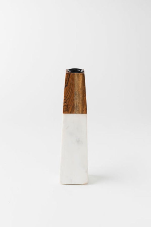 Mela Artisans Tapered Marble & Acacia Candleholder - White