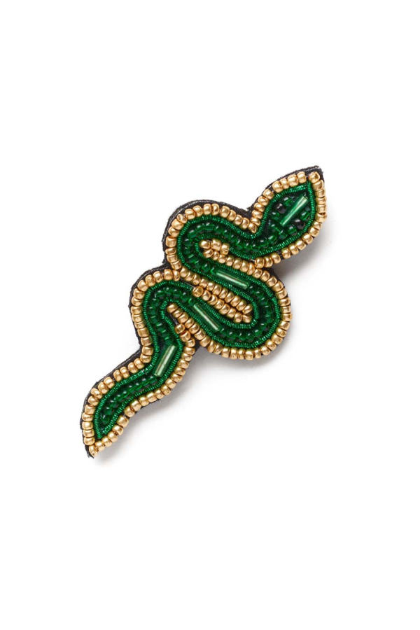 Matr Boomie Bala Mani Beaded Green Snake Brooch Pin - Handmade