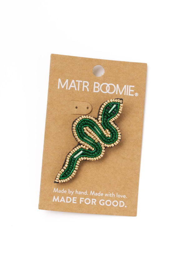 Matr Boomie Bala Mani Beaded Green Snake Brooch Pin - Handmade