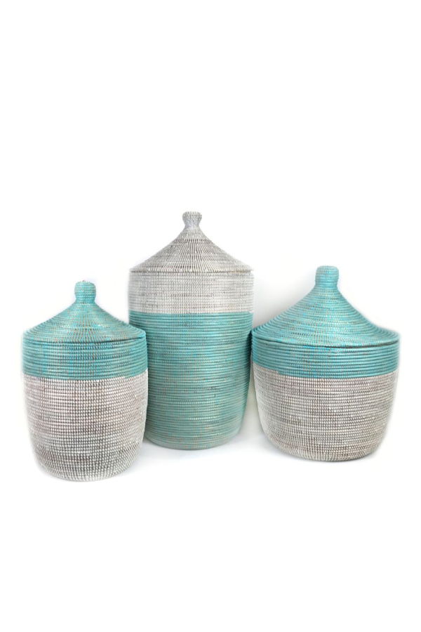 Mbare Large Two-Tone Basket - Turquoise/White