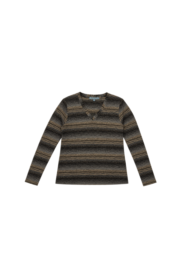 ELLIOTT LAUREN Long Sleeve V-Neck Textured Top - Brown