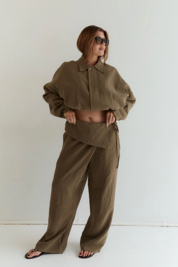 Wilhelmina Studio Foldover Linen Pant - Olive