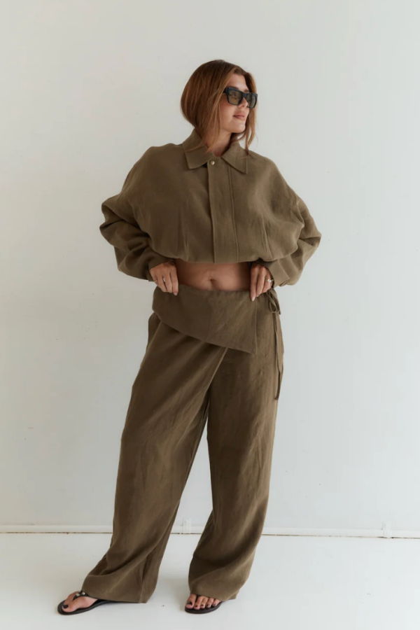 Wilhelmina Studio Foldover Linen Pant - Olive