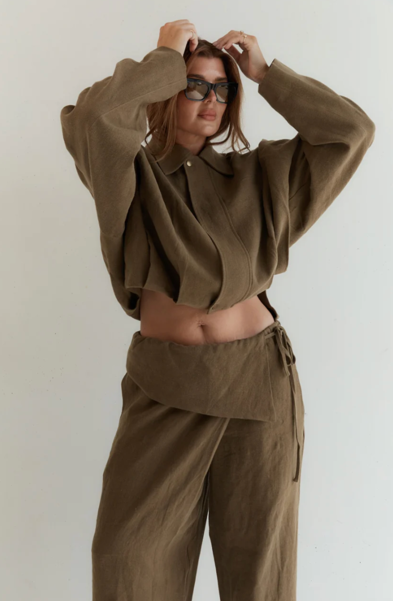 Wilhelmina Studio Foldover Linen Pant - Olive
