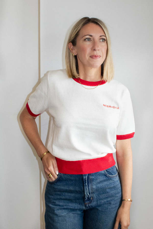Ellsworth & Ivey Nebraska Short Sleeve Embroidery Sweater