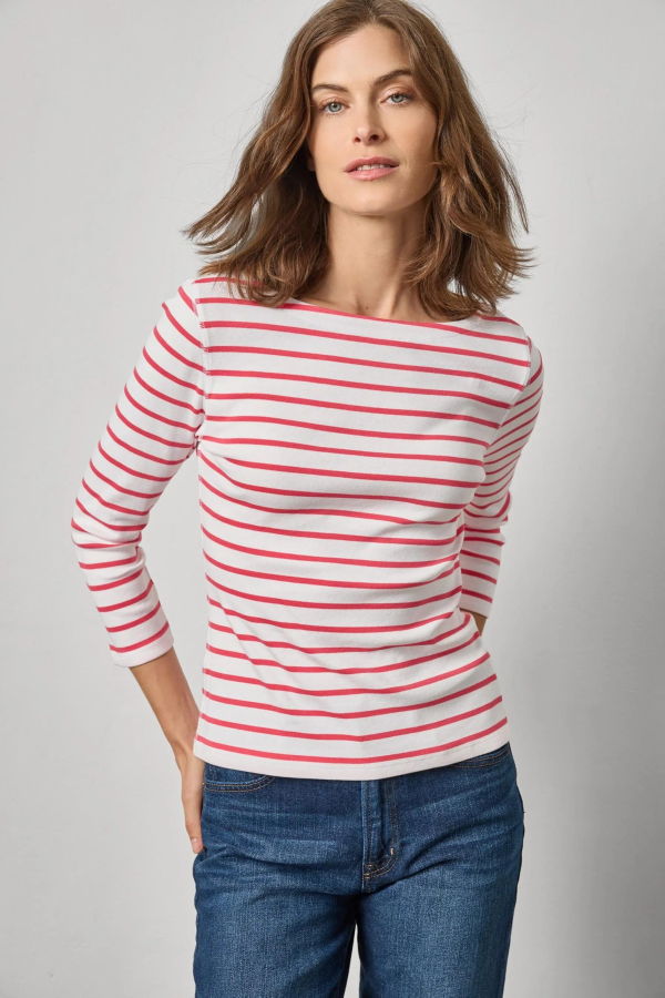 Lilla P. Rib Stripe 3/4 Boatneck Top - Geranium Stripe