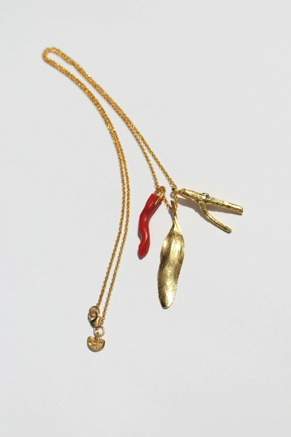 Eucalyptus Leaf, Antique Coral & Twig Charms On 22" Chain