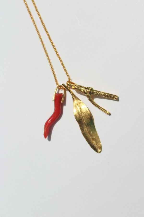 Eucalyptus Leaf, Antique Coral & Twig Charms On 22" Chain