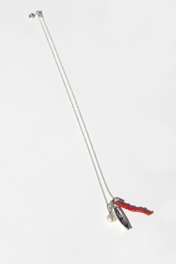 Rowboat, Antique Red Coral & Pearl Charms On 22" Chain