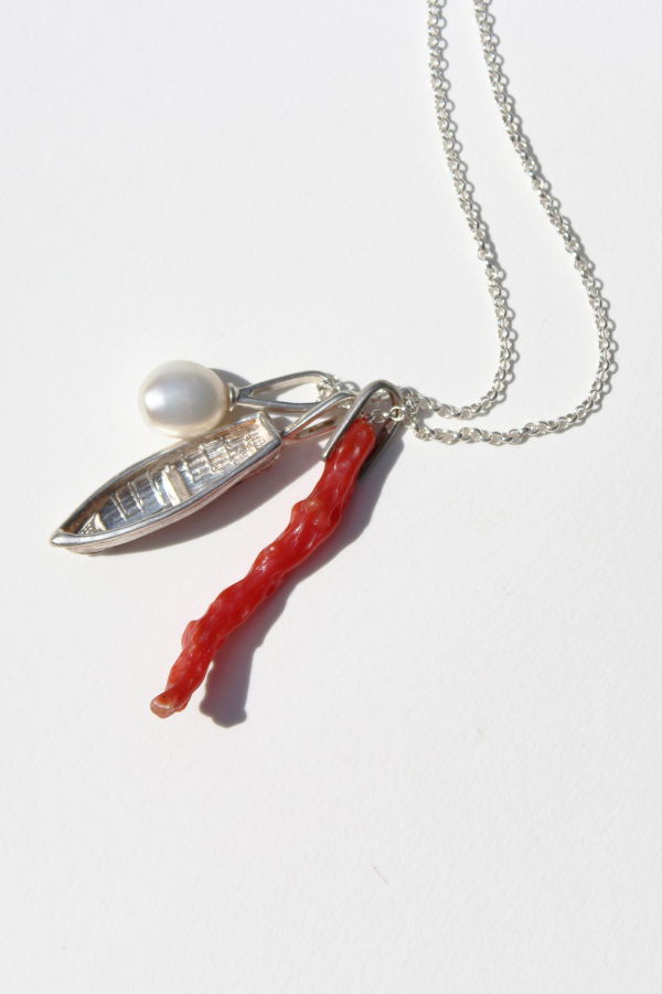 Rowboat, Antique Red Coral & Pearl Charms On 22" Chain