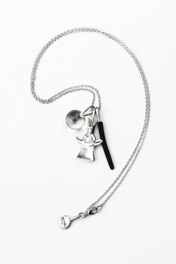 Rabbit In Top Hat, Clear Rock Crystal & Antique Black Coral Charms On 26" Chain