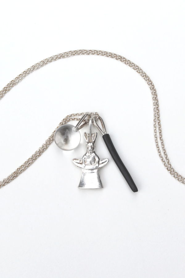Rabbit In Top Hat, Clear Rock Crystal & Antique Black Coral Charms On 26" Chain