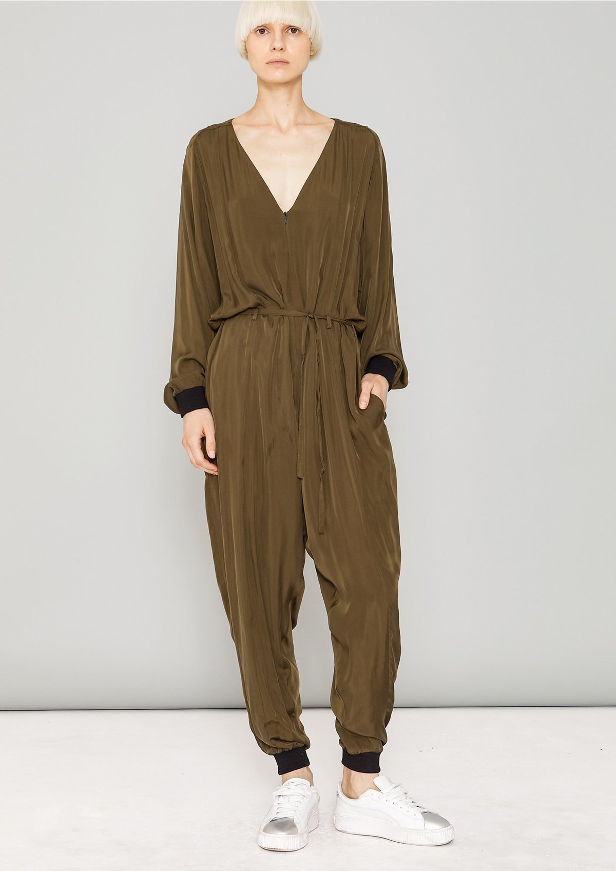 unisex Berenik LONG OVERSIZED SILKY CUPRO JUMPSUIT - khaki - Image 1 of 8