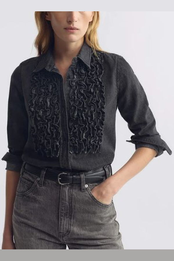 Nili Lotan Emilie Denim Ruffle Shirt - Faded Black