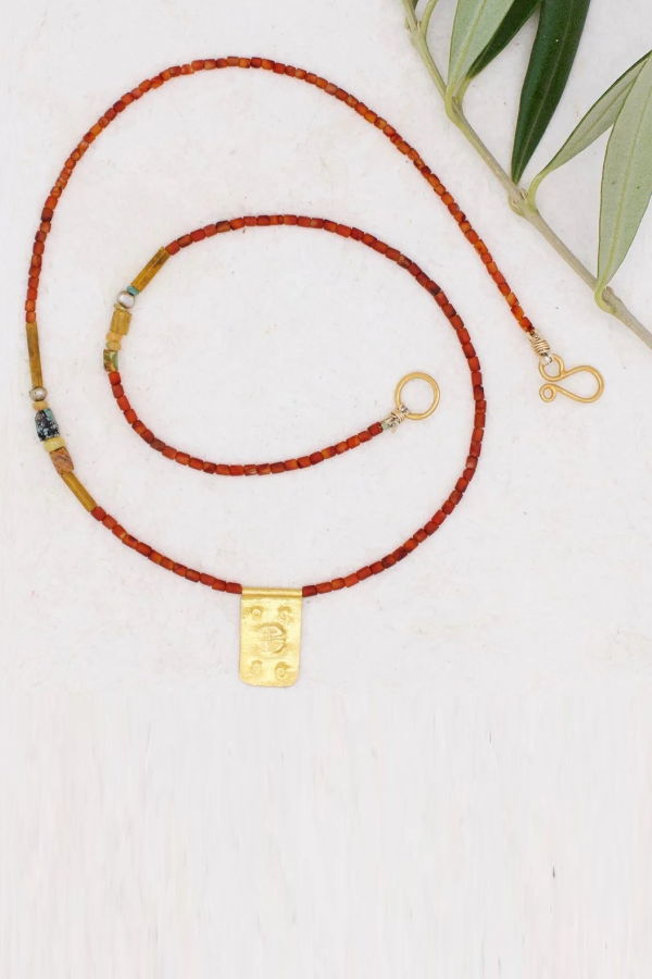 River Song Antique Red Agate with Rectangle Talisman Necklace