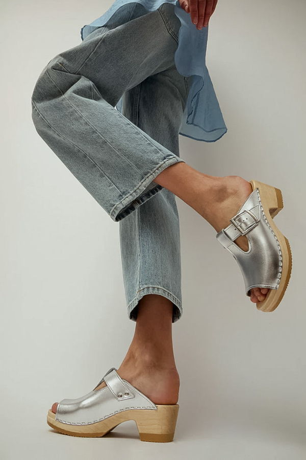 No.6 T-Strap Mid Heel Clog - Silver