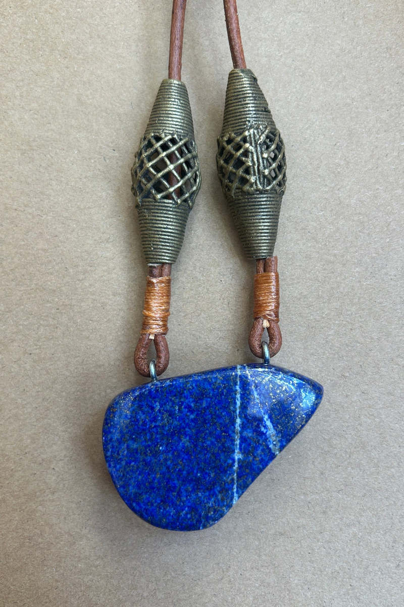 Matthew Swope Lapis Pendant with Brass Beads Necklace
