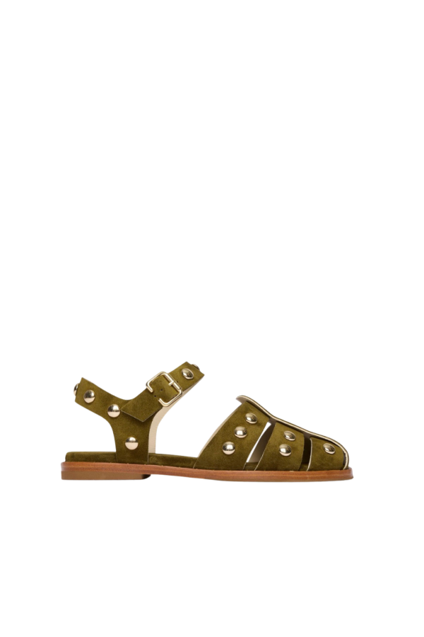 FRĒDA SALVADOR Sera Fisherman Sandal - Olive Suede/Gold Studs