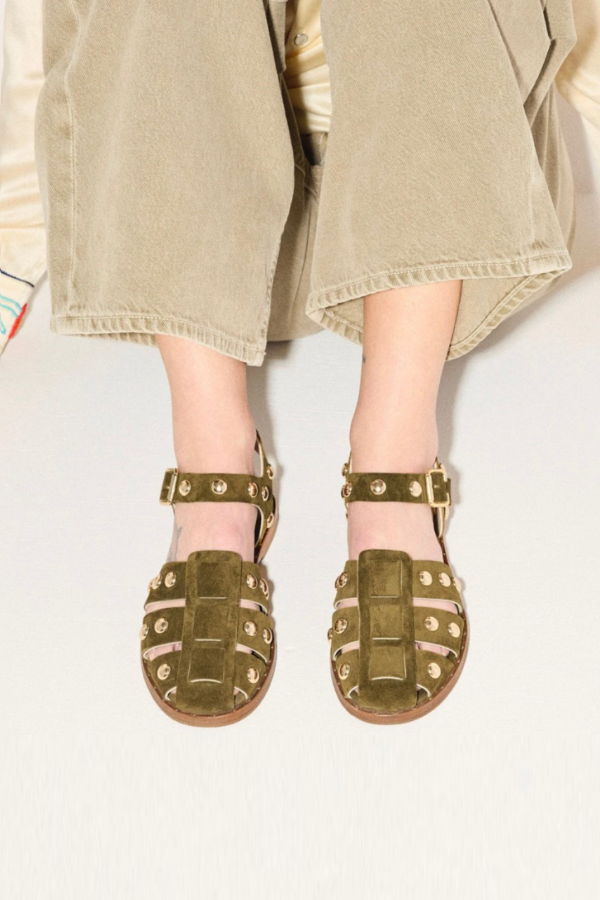 FRĒDA SALVADOR Sera Fisherman Sandal - Olive Suede/Gold Studs