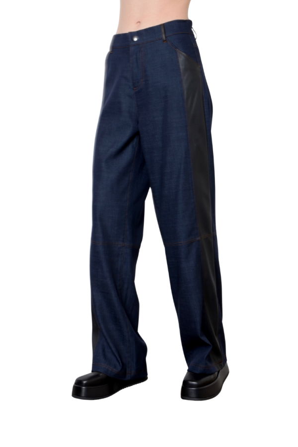 Elaine Kim Eco Denim Parachute Pant with Vegan Leather - Indigo