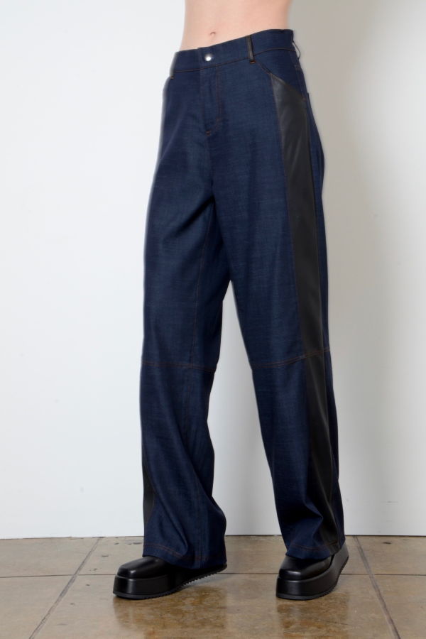 Elaine Kim Eco Denim Parachute Pant with Vegan Leather - Indigo