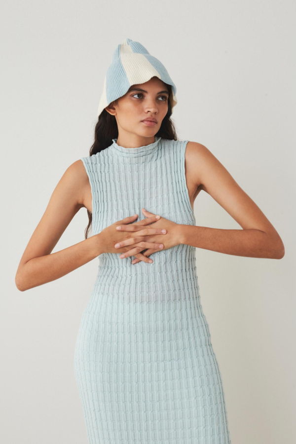 Rus Udon Pleated Long Dress - Light Blue