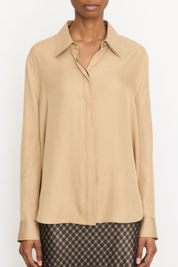 VINCE Double Collar Long Sleeve Shirt with Hidden Placket - Oak Buff