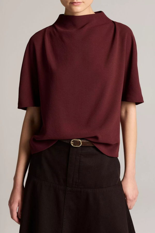 VINCE Draped Funnel Neck Top - Black Rose