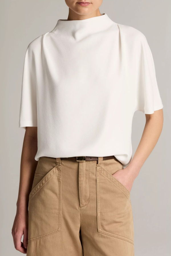 VINCE Draped Funnel Neck Top - Off-White