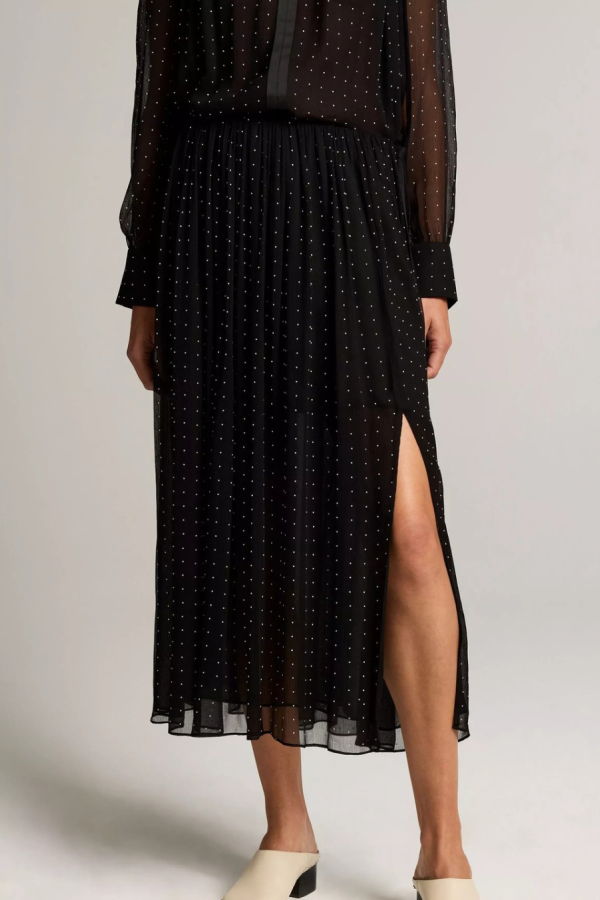 VINCE Heat Set Dot Chiffon Gathered Skirt - Black