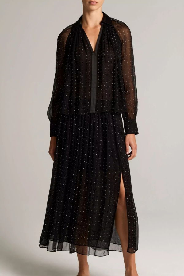 VINCE Heat Set Dot Chiffon Gathered Skirt - Black
