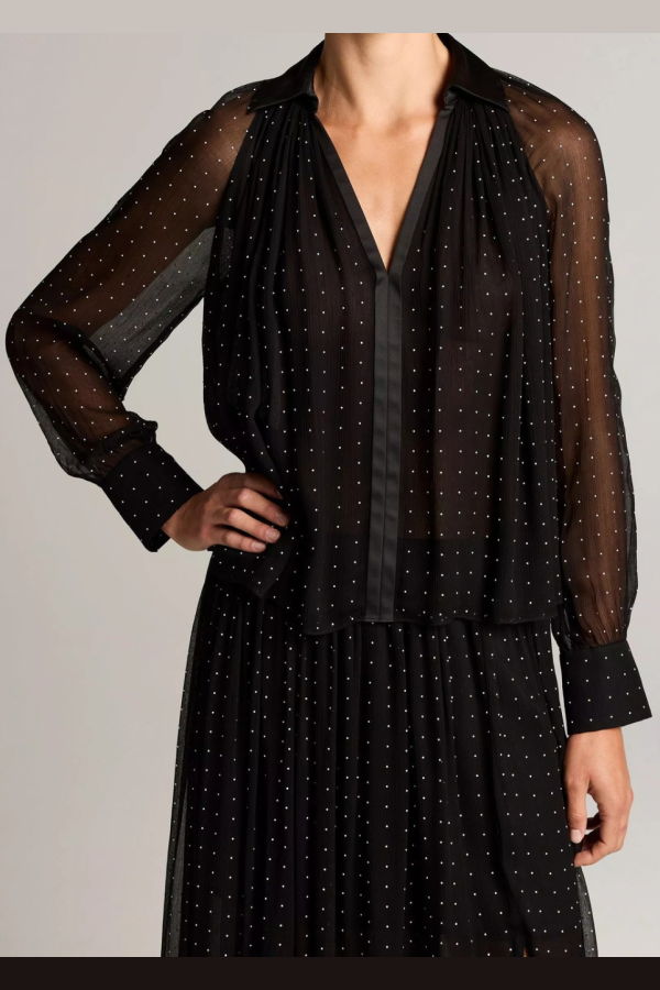 VINCE Heat Set Dot Sheer Gathered Blouse - Black