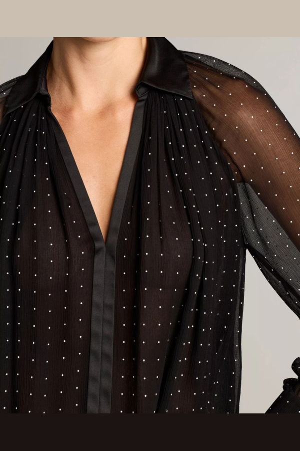 VINCE Heat Set Dot Sheer Gathered Blouse - Black