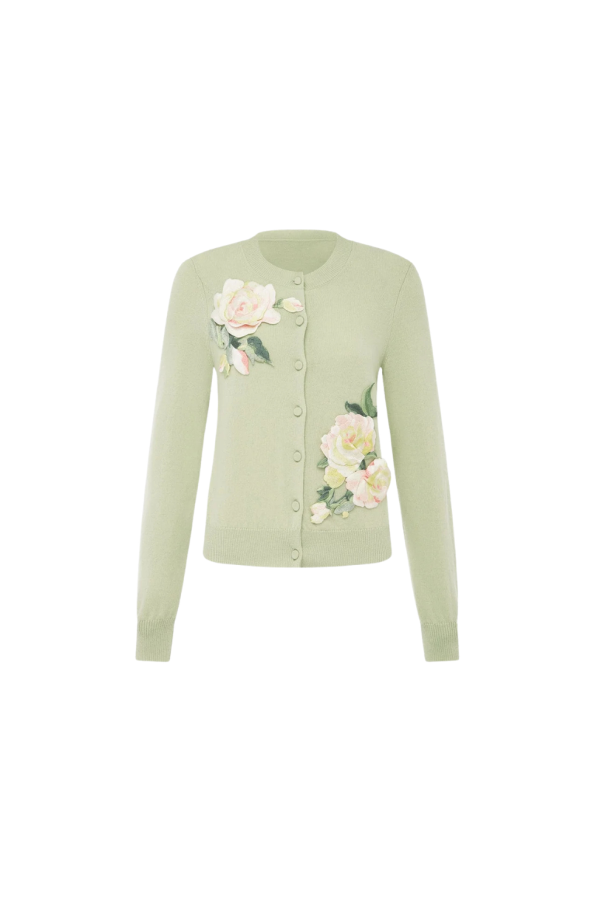 Leo Lin Claire Embroidered Cashmere Cardigan - Pistachio Rose Print
