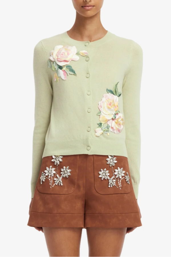 Leo Lin Claire Embroidered Cashmere Cardigan - Pistachio Rose Print