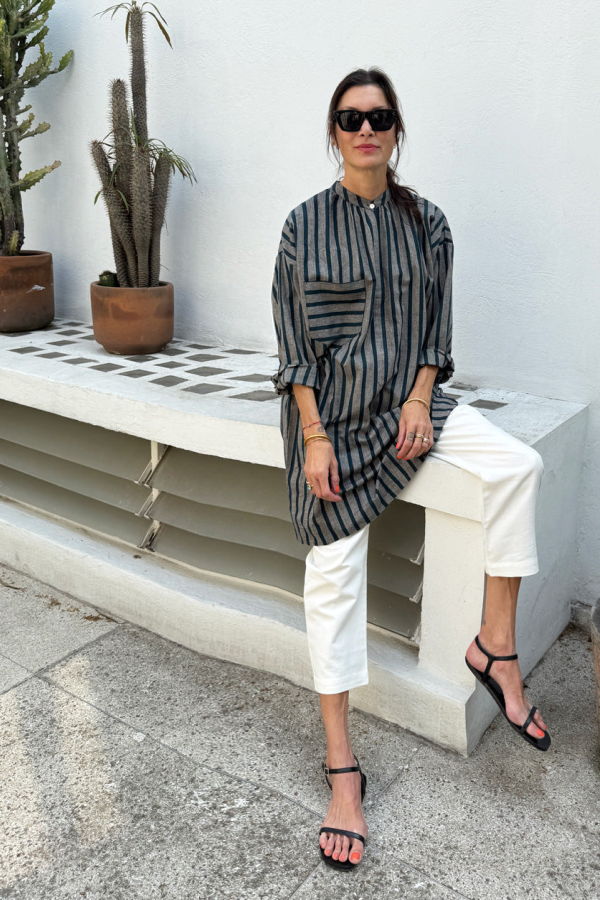 Two Teal/ Peach Striped Long Sleeve Button Tunic